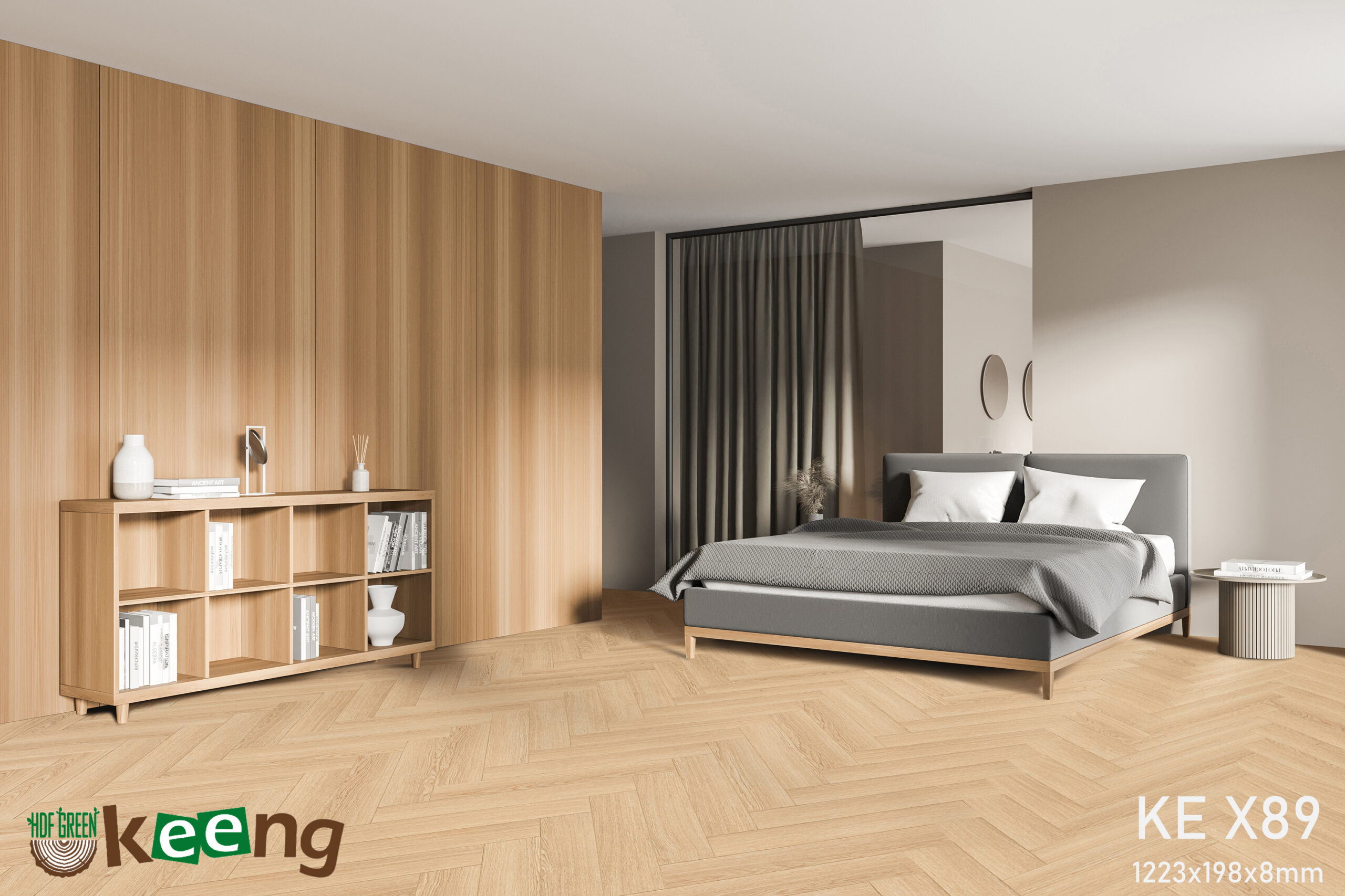 Contemporary cozy bedroom interior with large comfortable grey bed