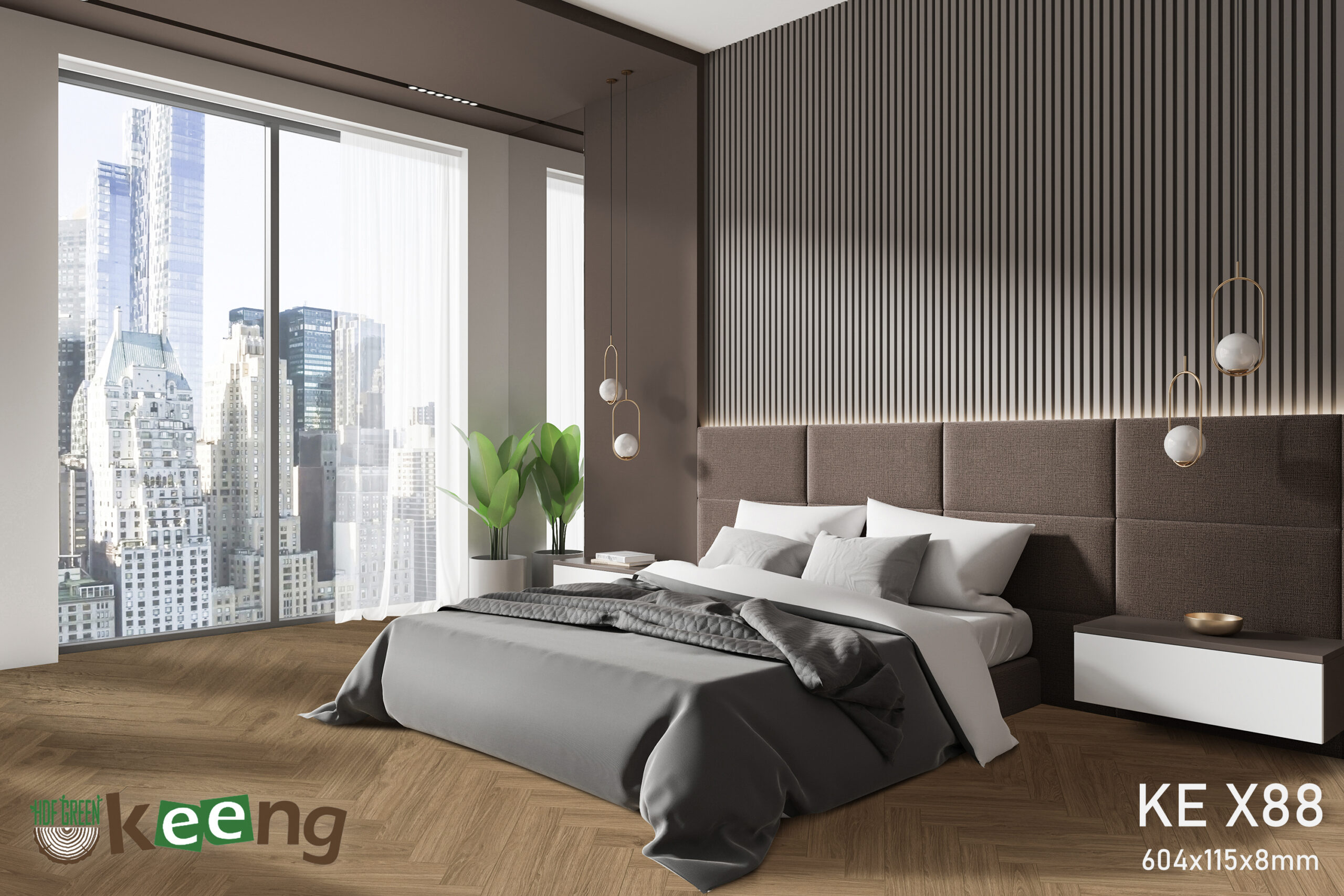 Brown home bedroom interior with bed and nightstand, panoramic window