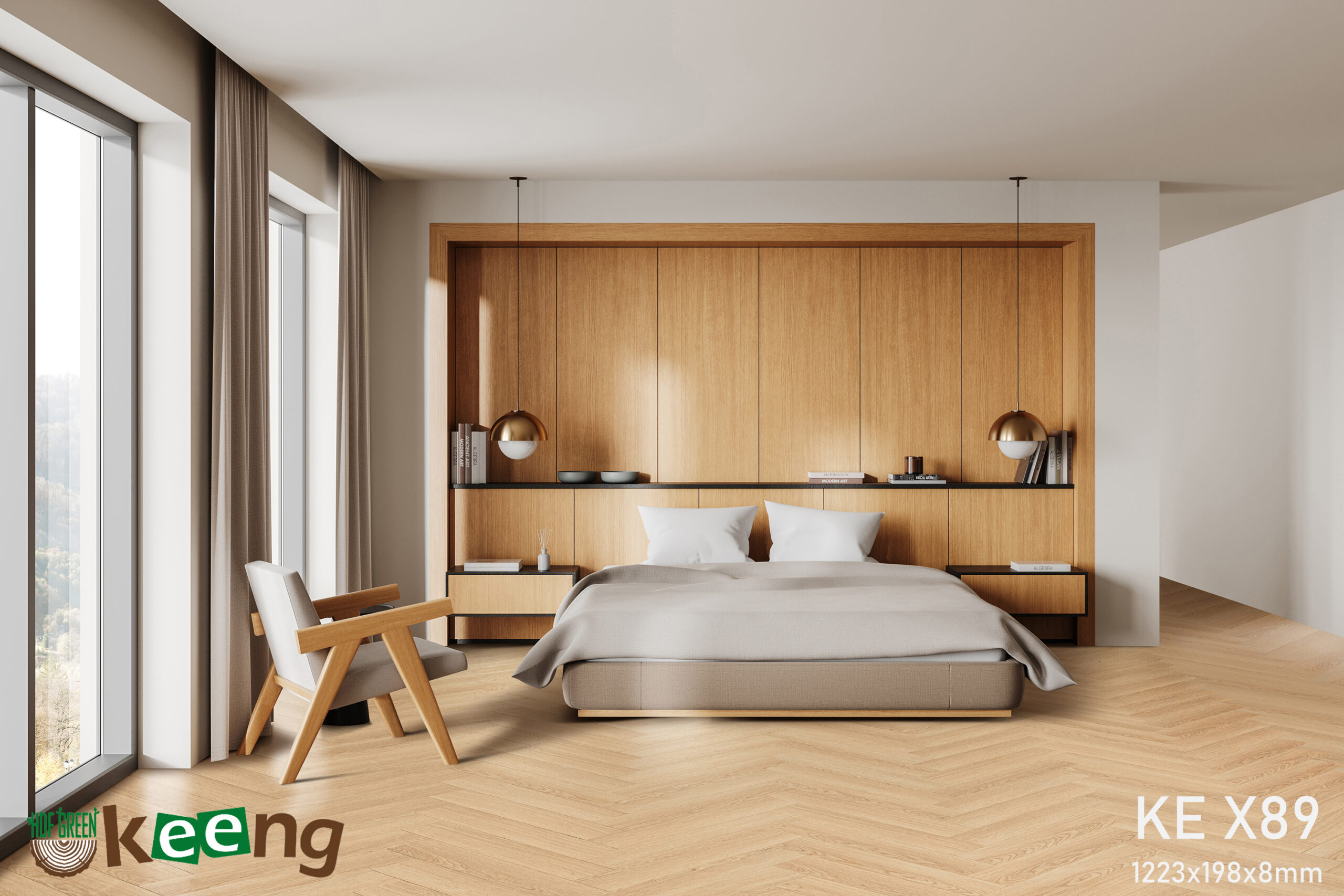 Modern bedroom with wooden paneling, cozy bed, and minimalist decor. 3D Rendering